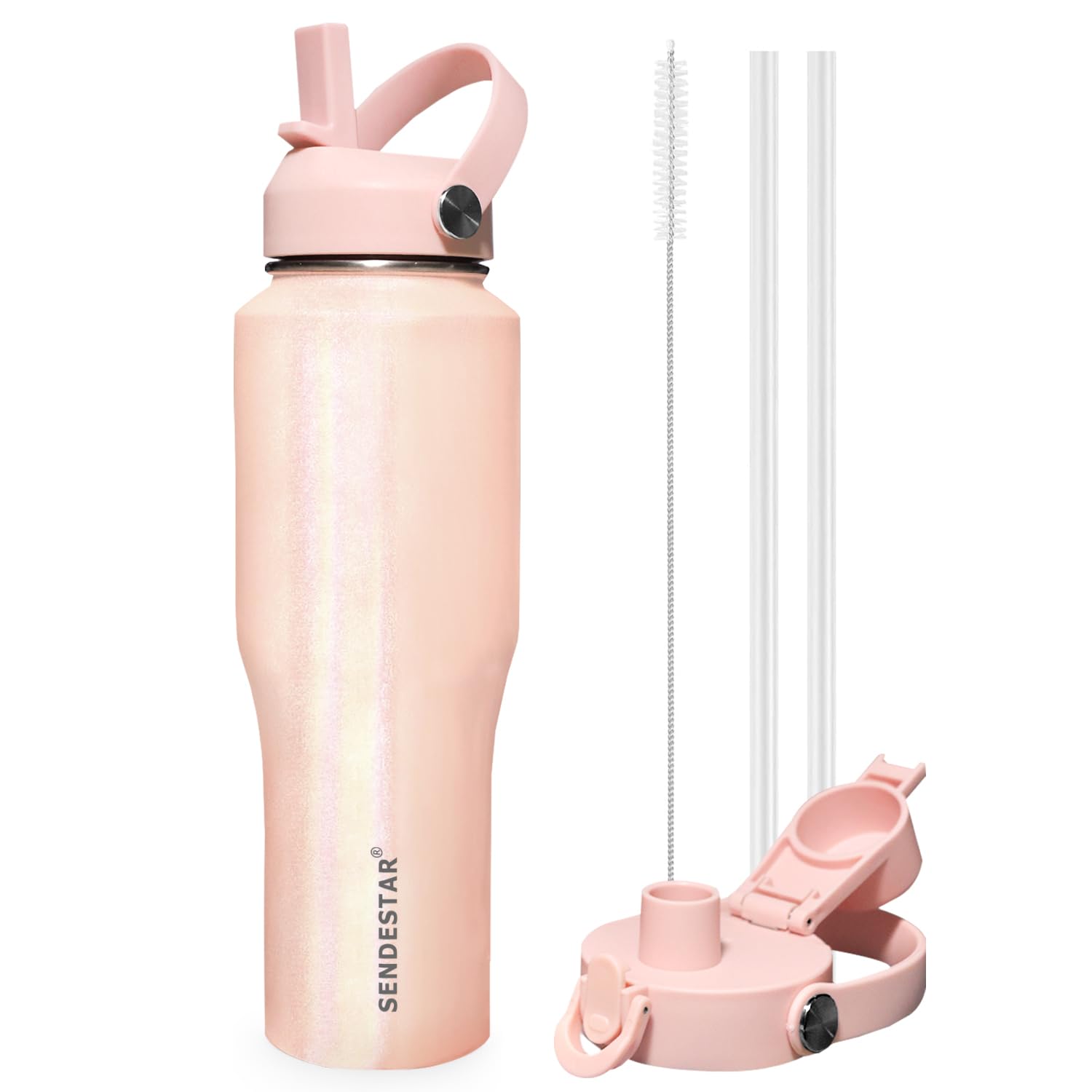 SENDESTAR 32oz Insulated Stainless Steel Water Bottle — 3 Lids | Cold 48hrs, Hot 24hrs | Fits Cup Holders | Laser Pink