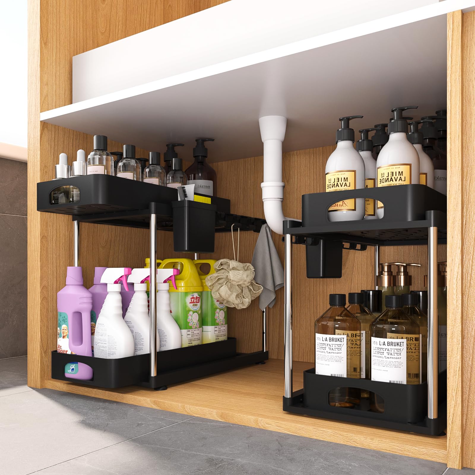 Under Sink Organizer — 2-Pack 2-Tier Adjustable Double Sliding Cabinet Storage Rack with Hooks | Black