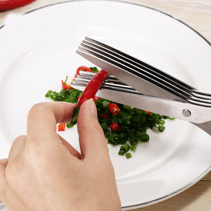 5-Layer Herb Scissors — Stainless Steel Multi-Blade Kitchen Scissors with Card Holder