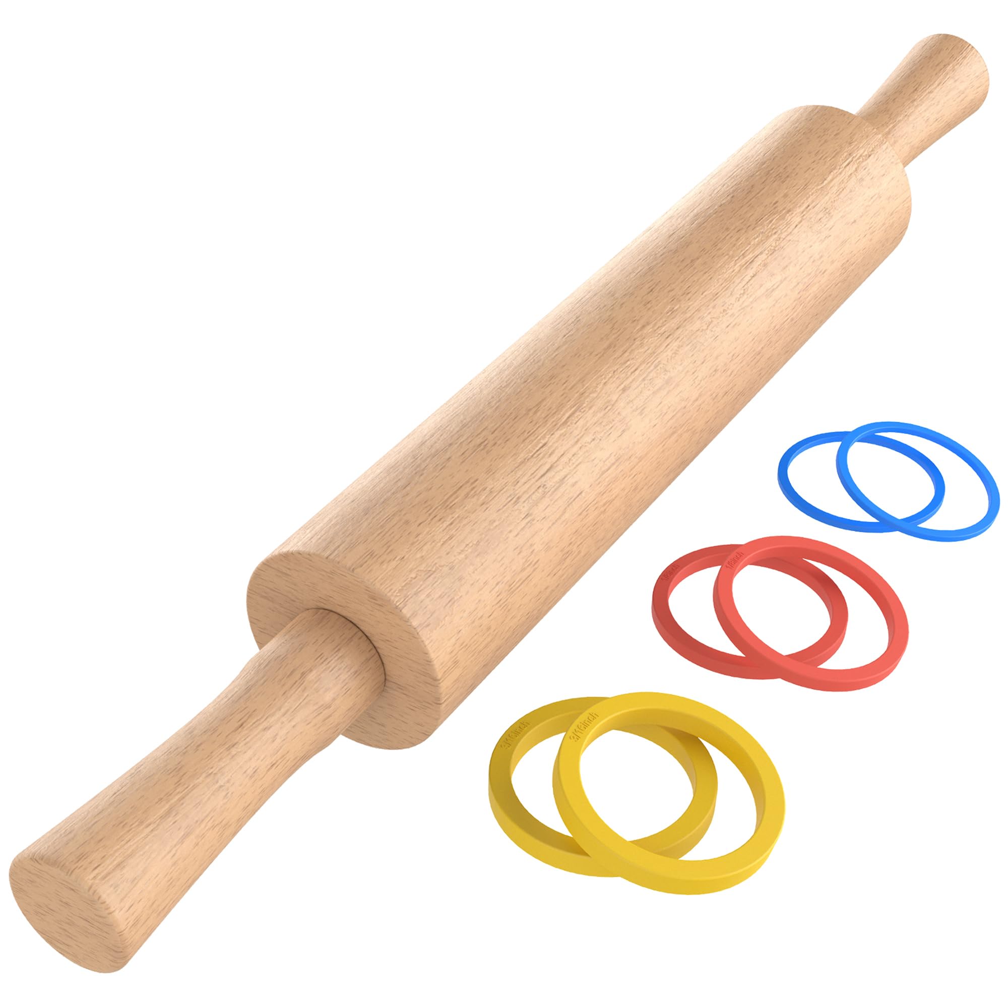 Beechwood Rolling Pin with Thickness Rings — 17" Natural Wood Rolling Pin for Baking Cookies, Pizza, Pastry & Fondant