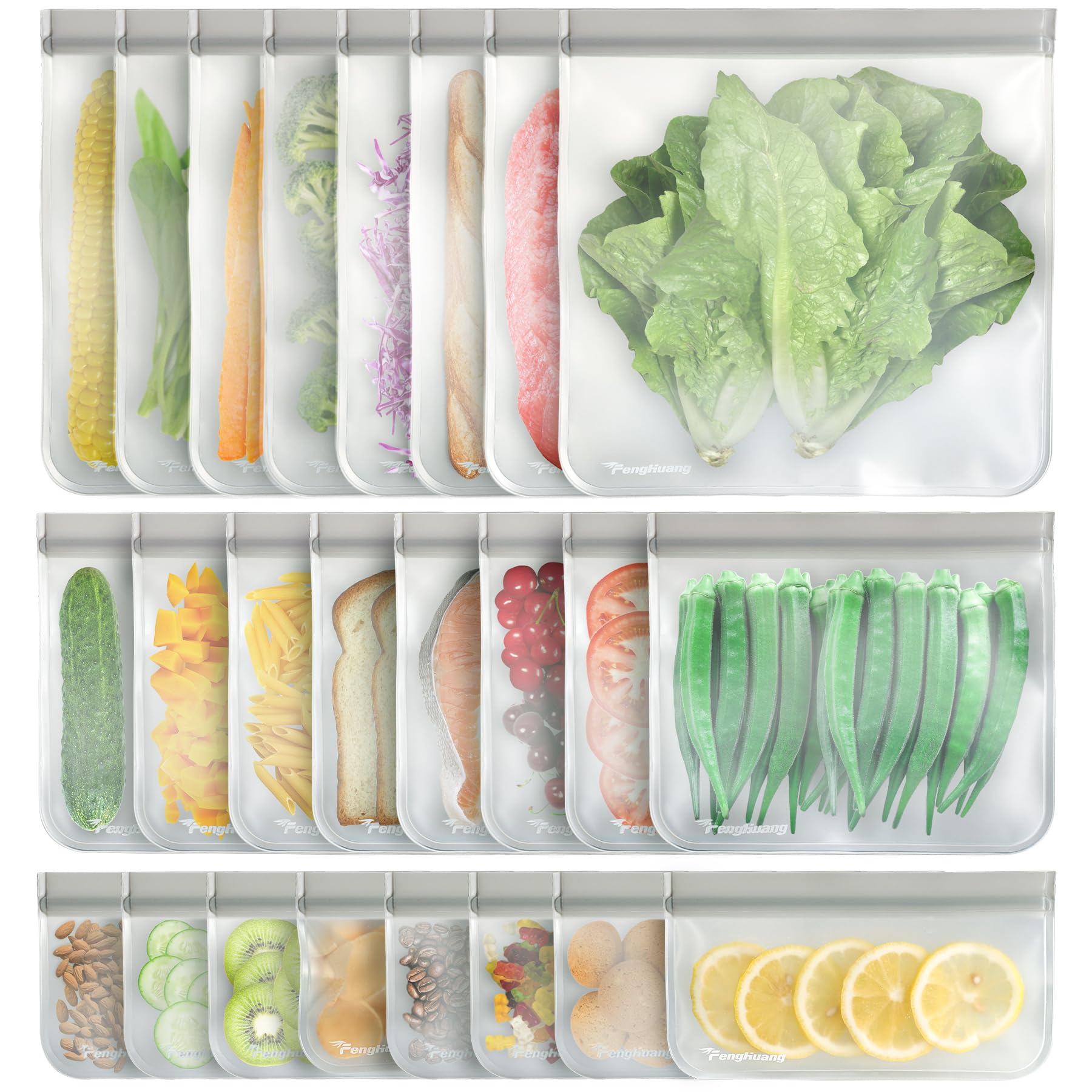 Reusable Food Storage Bags — 24-Pack (Gallon, Sandwich & Snack Sizes) | BPA-Free, Leakproof, Freezer Safe
